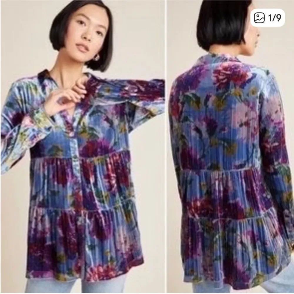 Anthropologie Maeve Reverie Tiered Velvet Tunic Top Womens Small